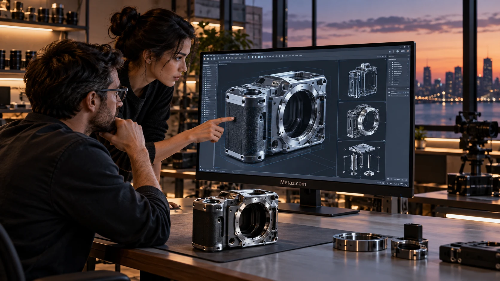 A product team reviewing a detailed 3D model in a working design studio